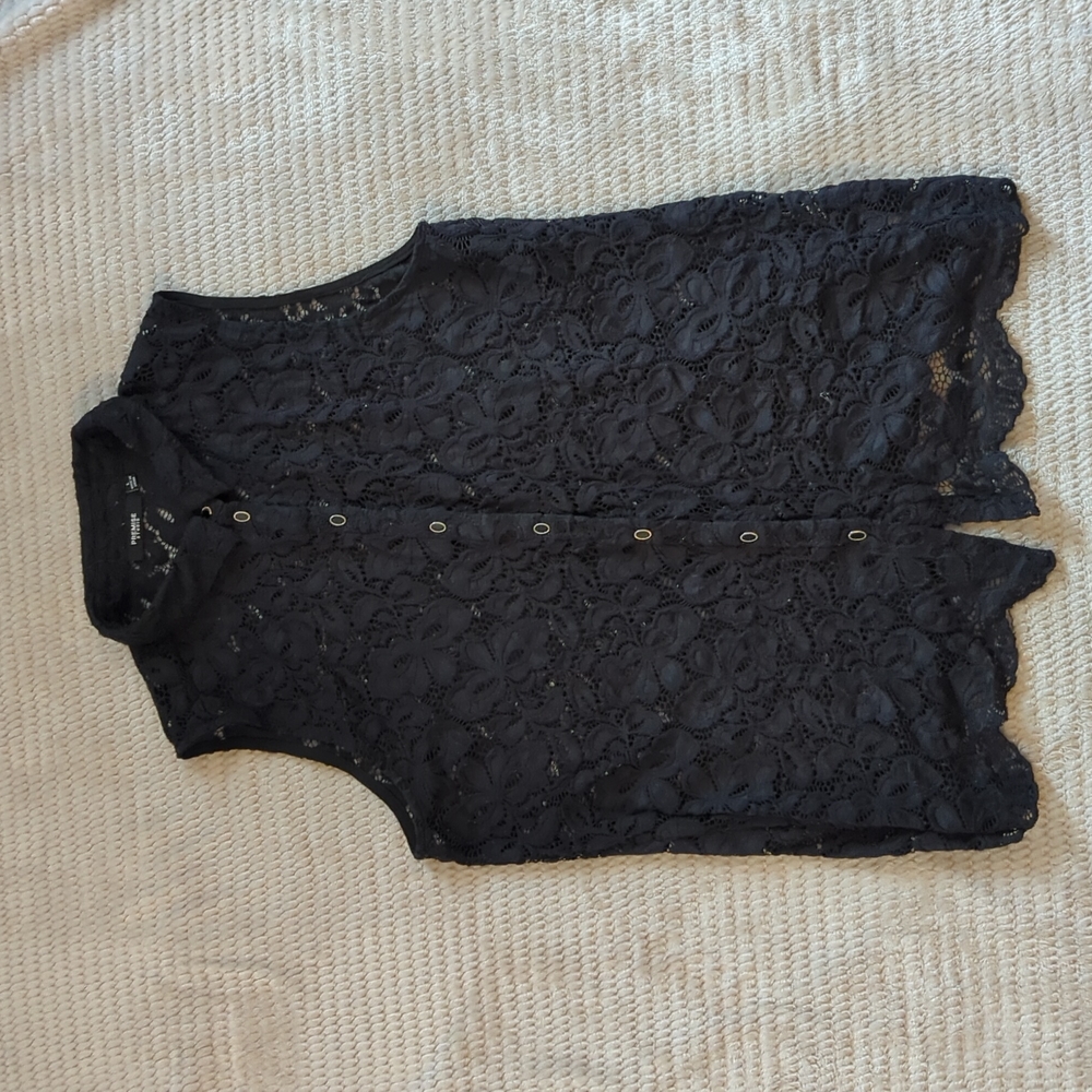Black Lace Sleeveless Collared Shirt | Lace Button Down Shirt